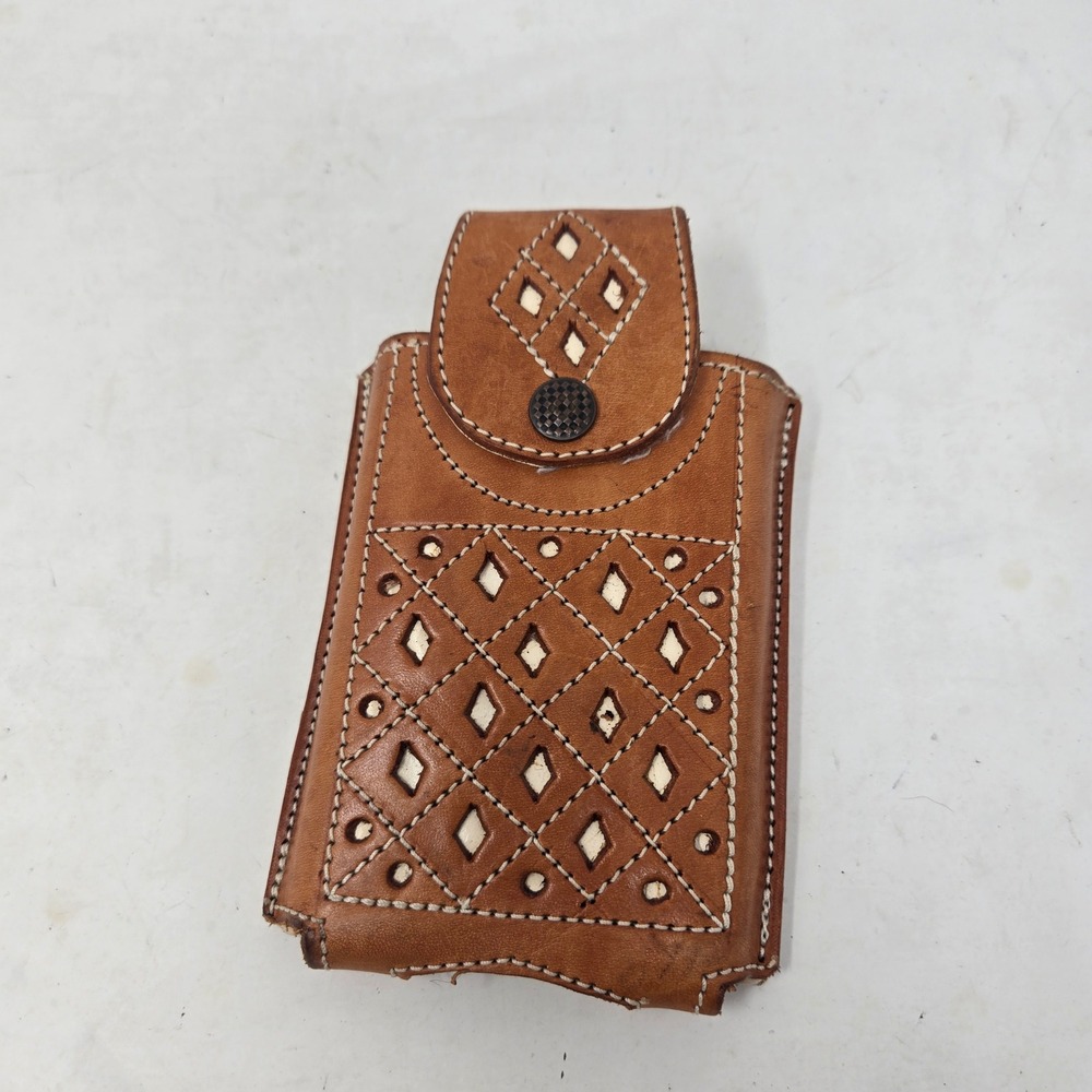 Vintage Hecho En Mexico Tan Leather Belt Cell Phone Holster Pouch DiamondCutout